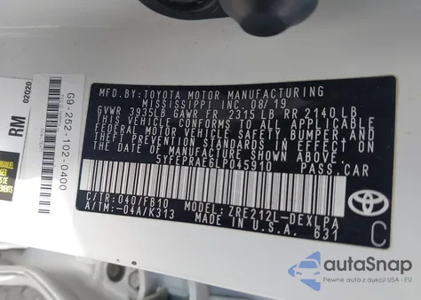 2020 Toyota Corolla Le z USA, uszkodzony, nr VIN 5YFEPRAE6LP045910